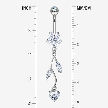 Detail View 1 of 14 Karat White Gold Spring Flower Vine Sparkle Dangle Belly Button Ring-Clear Gem